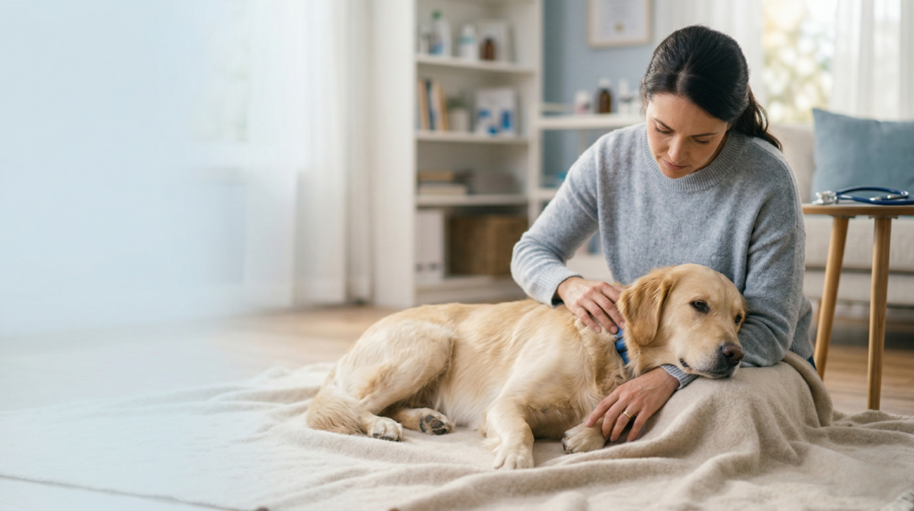 Dog experiencing seizure symptoms while pet owner seeks emergency veterinary care