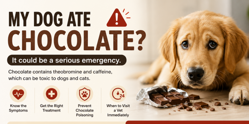Dog looking at a chocolate bar with warning signs about chocolate poisoning symptoms, emergency treatment, and when to visit a veterinarian immediately.